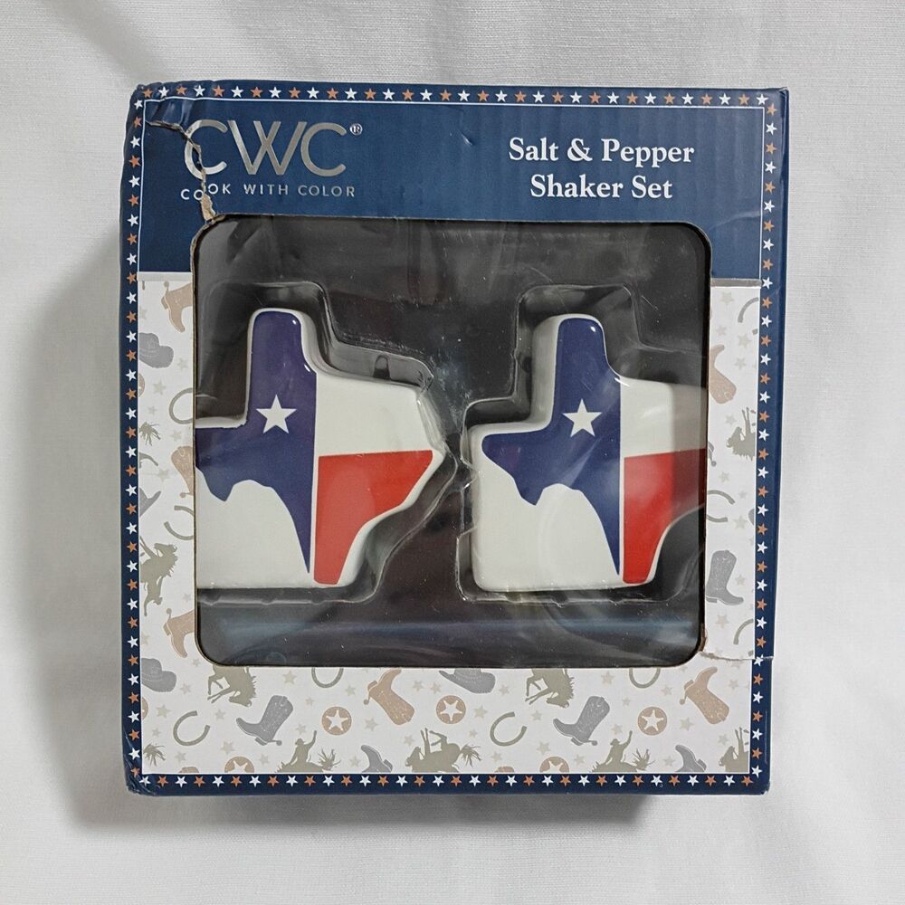 Texas Salt And Pepper Shakers Ceramic State Shape Red White Blue